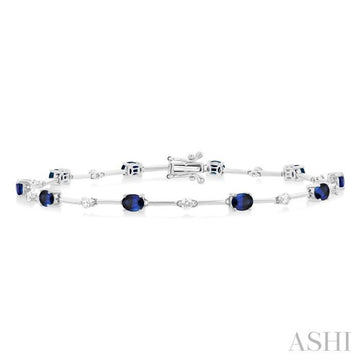 4x3 MM Oval Cut Sapphire and 1/3 ctw Round Cut Diamond Precious Bar Bracelet in 10K White Gold